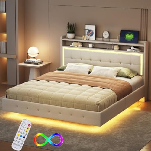Sapgaks Lit capitonné 160×200cm, avec Prise USB et éclairage LED, Rangement Chevet, Pieds cachés, Tissu Lin, Beige (Matelas Non Inclus)