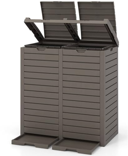 TANGZON 140L/235L Outdoor Trash Can, Resin Trash Hideaway Waste Bin with Lid, Liquid Tray & Built-in Handle, Waterproof Garbage Can Dustbin for Garden Patio Park Porch (Grey, 77 x 40 x 86 cm)