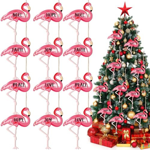 Bucherry 24 Stück Flamingo-Weihnachtsbaumschmuck, rosa Flamingo, Holz, hängende Ornamente, Weihnachtsmannmütze, tropische Weihnachtsdekoration für Weihnachtsbaum, Party, Urlaub, Dekoration (niedlich)