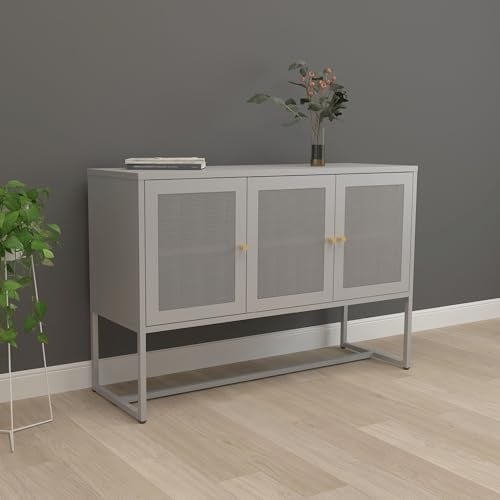 [en.casa] Kommode Sund Sideboard mit 3 Schranktüren Wohnzimmerschrank Grau Buffetschrank 120 x 40 x 80 cm Metall TV Schrank