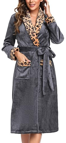 Marvmys Bademantel Damen Langarm Fleece Morgenmantel mit Leopardenmuster Schalkragen Frauen Flanell Saunamantel Flauschig Kimono Robe mit Taschen und Bindegürtel XL dunkelgrau+gelbes Leopardenmuster