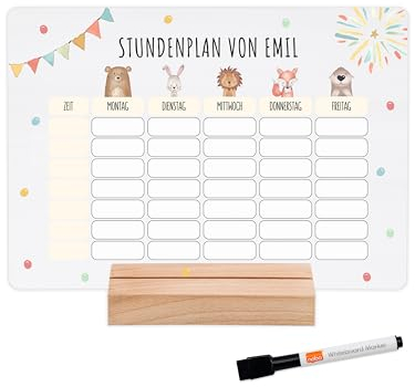 wunderwunsch® - Personalisierbarer & Abwaschbarer Stundenplan aus Acryl + Stift und Holzhalter - Einschulung Geschenk, für Schultüte zum Schulanfang oder Grundschule (Tiere Girlande,ohne Holzhalter)