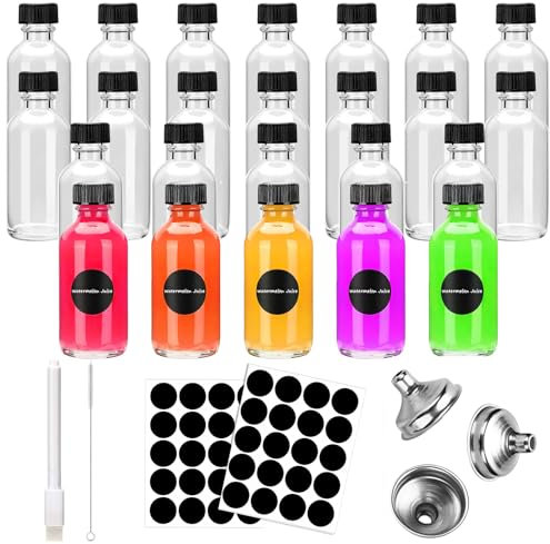 JOLIGAEA 24 Pezzi Bottigliette per Liquori Mini, 60ml Riutilizzabile Bottigliette Trasparenti, Mini Bottiglie per Liquore con Tappi a Vite e Imbuto per Alcol, Succhi di Frutta, Olio