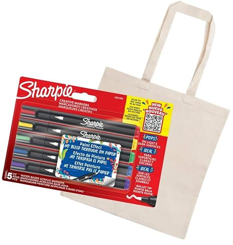 Sharpie Creative Marker Acrylic Paint Pens, Water-Based Paint Markers with Bullet Tip, School Supplies, Pack of 5 + Cotton Bag