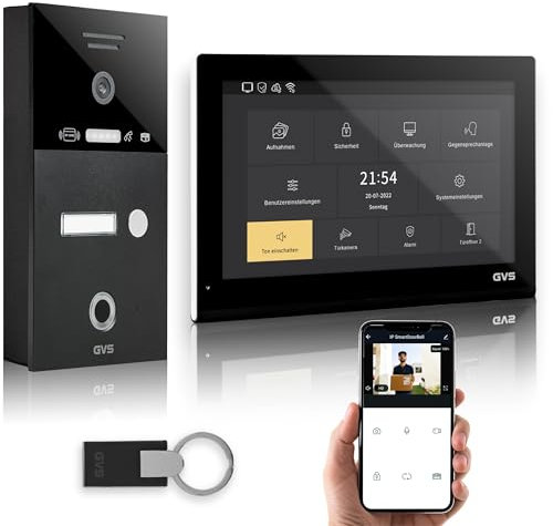 GVS - IP Video Türsprechanlage mit Türöffner, Fingerprint & RFID, HD Kamera, 1x 10 Zoll Monitor & App - Smarte Video Türklingel mit Kamera & Gegensprechanlage für 1 Familienhaus (AVS5545A)