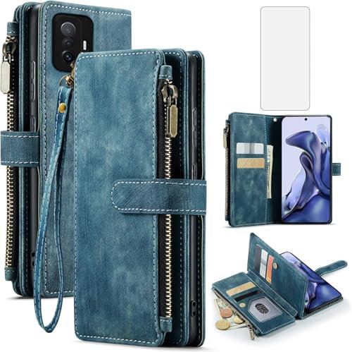 Asuwish Handyhülle für Xiaomi Mi 11T/Mi11T Pro 5G Hülle mit Folie Schutzfolie Kartenfach Klappbar Leder Geldbörse Ständer M11T T11 21081111RG 2107113SG Handy Hüllen Schutzhülle Wallet Phone Case Blau