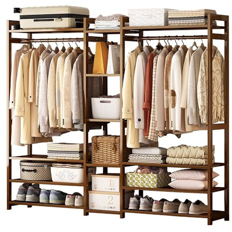 angroups Natural Bamboo Garment Clothes Rack Storage Shelf Hanging Rail Side Hooks for Entryway Bedroom Bathroom and Office,Open Wardrobe Closet, Clothing Standing Rack 170x30x150cm