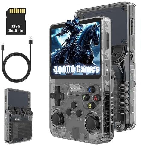 KINMRIS R36S Retro Handheld Spielkonsole, Retro Konsole 3,5-Zoll-IPS-Bildschirm, 128 G über 40.000 Spiele, tragbare Spielkonsole für Kinder und Erwachsene, unterstützt mehrere Emulatoren (Schwarz)