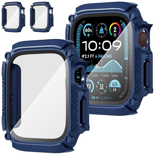 Suoman 2 Pièces Couqe pour Apple Watch SE 3/2/1 /Series 6 5 4 44mm Protection Écran Résistant à l'eau HD Résistant aux Rayures Verre Trempé PC Matériel Case,Bleu&Bleu,44mm