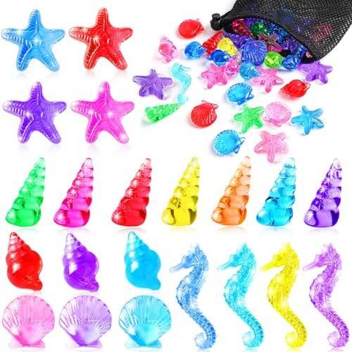 MARFOREVER Lot de 36 coquillages en acrylique, pierres précieuses, étoiles de mer, escargots, pétoncles, pierres précieuses pour la plage, jouets de lancer sous-marins, entraînement de natation, été