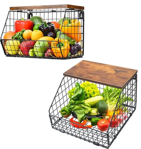 Gemsaya 2 Stück Obstkorb Hängend, 2 Größen Hängekorb Etagere Obstkorb mit Holzdeckel und 4 Haken, Wand Stapelbar Metall Obst Gemüse Zur Aufbewahrung Von Obst Gemüse Snacks, Schwarz