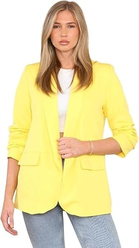 Lined Blazers for Women Casual Long Ruched Sleeve Suit Plain Open Jackets Work Office Womens Coats Cardigan Suit Formal Jacket Top Solid Color Collar Italian Ladies Blazer Coats (Yellow, UK 8-10)
