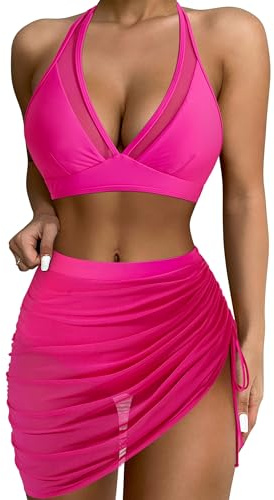 DOOULAFASS Womens Halter High Waisted Bikini Sets with Skirt Tummy Control 2 Piece Swimsuits Mesh Sarong Wraps Bathing Suits Rose Red