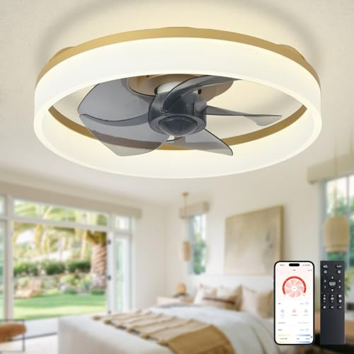 Depuley LED Ceiling Fan with Light: 16 Modern Low Profile Flush Mount Fandelier with App & Remote Control - Dimmable Gold Bladeless Fan Light Fixture for Bedroom Kids Room Living Room