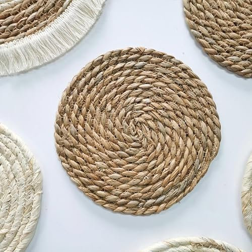 placemats, 11-30cm Round Woven Placemats, Natural Water Hyacinth/Corn Husk Place mats, Braided Straw Table Mats for Dining Table(Water Hyacinth,18cm)