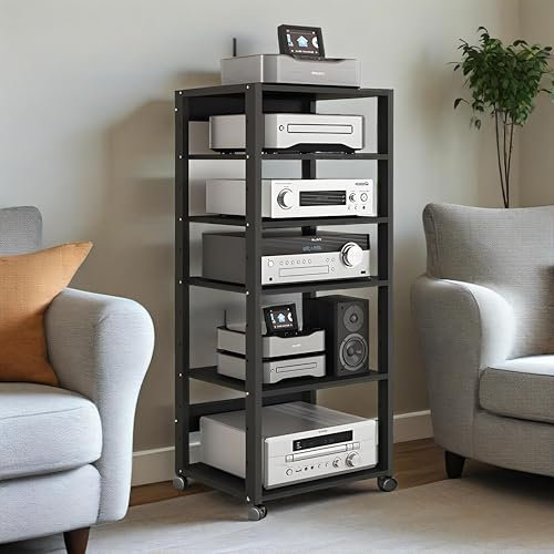 cendbirut AV Media Stand, 5-Tier Adjustable Media Storage Shelves with Wheels, Audio Rack Stereo Cabinet for Record Player, Dvd, TV Box,Audio Component Rack for Home/Office/Theater,Black