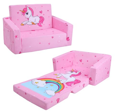 decalsweet Kindersofa Faltbarer, 2 in 1 Kindersessel Kindercouch Einhorn | Rückenlehen-Sessel,Spielsofa,Standfest,Kinderstuhl,Kinderzimmer,Weiche,Leichte,Flip Open,mit Stofftasche,Rutschfestes Kissen