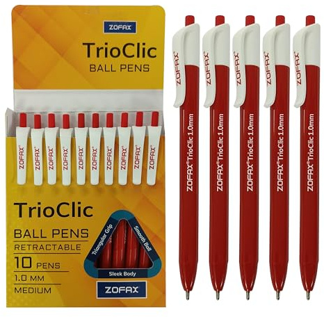 ZOFAX TrioClic Retractable Ballpoint Pens, RED, Medium Point (1.0mm), Pack of 10, Smooth Writing, Triangular Grip, Multi Pack, Perfect for School Office Home Business Hospital Everyday Use
