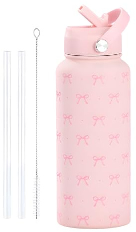 Hojalis Pink Bow Water Bottle, Insulated Water Bottle 800ml, Stainless Steel Leak-Proof Flask with 2 Straws & Cleaning Brush, Gift for Women Girls for School Gym Travel