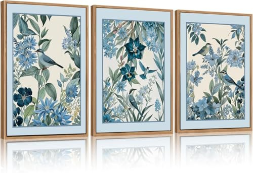 BINCUE 3 Stück Blumen Bilder mit rahmen,Vintage Blaue Vögel Botanische Wandkunst,Abstrakte Blumen Wandbilder,Klassische Chinesische Kunst im Stil von Audubon Dekoration Schlafzimmer Wohnzimmer,30x40cm