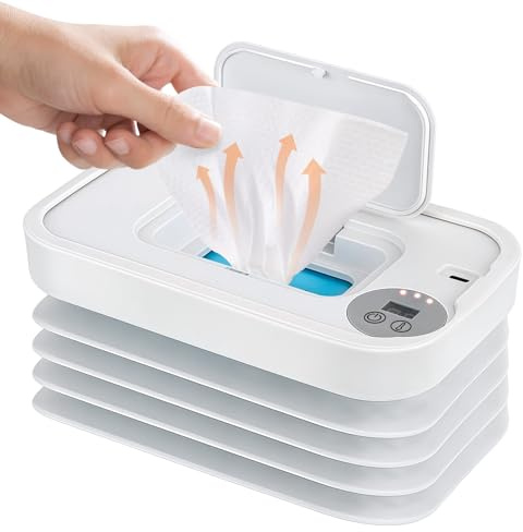 Baby Wipes Warmer, 3 Adjustable Temperature, USB Powered Heated Wipes Dispenser with Night Light and Display, Folding Design, Portable Wipe Warmer for Home Outdoor Travel