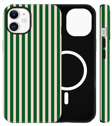 Jusy Aesthetic Stripes Magnetic Case for iPhone 12/12 Pro, Forest Green | Compatible with MagSafe, Cute Striped Aesthetic Design, Wireless Charging, TPU and PC Shockproof