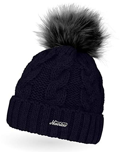 Neverless Damen Strick-Mütze gefüttert mit Fell-Bommel, Kunstfell, Winter-Mütze, Bommelmütze, Navy Unisize