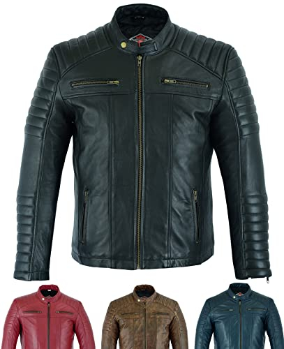Texpeed Giacca di pelle casual da uomo - Estate/invernale Soft Touch autentica vintage pelle di montone Biker in vera pelle stile motociclista - Nero - XXL