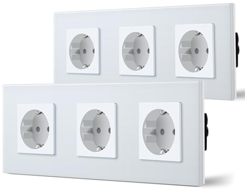 BSEED Schuko Steckdose 2er Pack, 16Amp AC Power Kristallglas Platte, 3 Fach Unterputzdose Steckdose, 228mm Dreifach Schutzkontaktbuchse Wandsteckdose Weiß