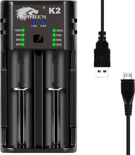 IMREN Chargeur de Batterie 18650, 2 A Rapide Chargeur Pile pour 3.7V Li-ION 18650 10440 14500 14650 18500 18350 18700 26650 1.2V Ni-MH/Ni-CD AA AAA C (2 Baies)