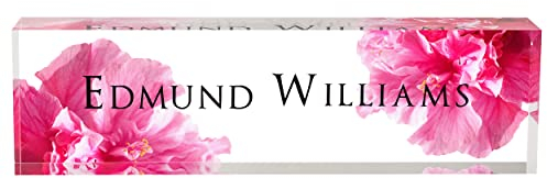 Personalized Office Desk Name Plate for Desk, Custom Desktop Name Holder,Flowers Wild Design On Clear Acrylic Glass, Office Desk Gold Decor Accessories, Gift for Colleague Boss Women Wife (Rose-Pink)