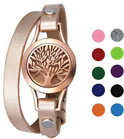 Flongo Aromatherapie Lederarmband Damen-Armband Armreif Aroma Locket Diffuser Duftstofflocket mit Farbigen Filz-Pads ätherisches Öl Diffusor für Frauen Rose