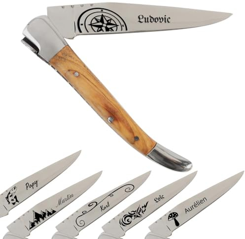Couteau de poche avec manche en Olivier personnalisé gravé – Couteau pliant avec gravure texte sur la lame – Couteau personnalisé & Idée cadeau homme personnalisé
