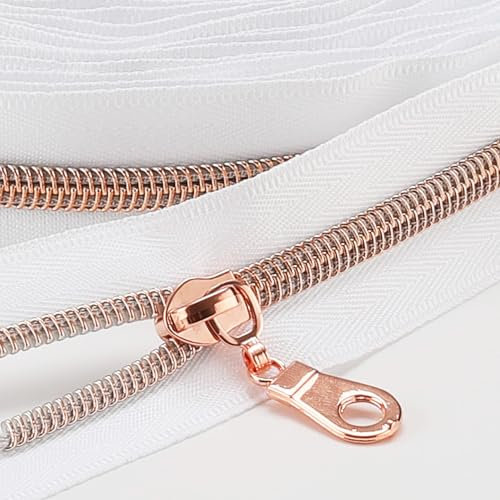 Sawoake 9m Bulk Zipper, (#5) Reißverschlüsse zum Nähen, White Nylon Coil Zipper mit Rose Gold zähnen, Ersatz Nähreißverschluss mit 20PCS Reißverschluss Sliders(#5 White Rose Gold)