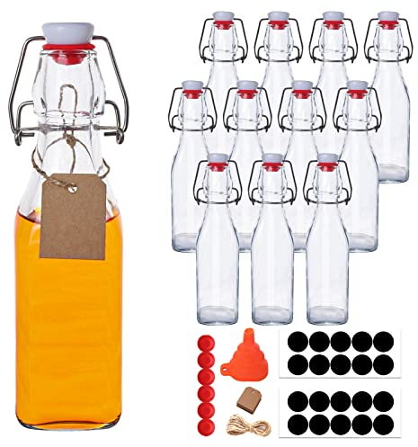 UrSpeedtekLive 12 Pack 8.5oz Swing Top Glass Bottles, 250ML Square Bottles with Airtight Stoppers for Kombucha, Kefir, Vanilla Extract, Beer(Bonus Gaskets, Labels and Funnel)