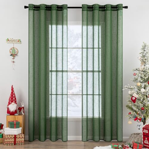 MIULEE Leinenoptik Voile Vorhänge Ösen 2er Dunkelgrün 140x260cm | Transparente Voile Vorhänge mit Leinenoptik & Ösen, lichtdurchlässig, modern dekorativ für Wohnzimmer und Schlafzimmer