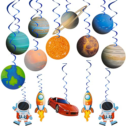 AINIUNIU 28PCS Weltraum Geburtstags Dekoration Astronauten Raketen Sonnensystem Planeten deko Weltraum Geburtstag Deckenhänger Spiral Girlanden Hängedeko für Weltraum Kindergeburtstag deko Jungen