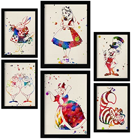 Nacnic Posters di Alice nel Paese delle Meraviglie. Illustrazioni in Stile Acquerello di Racconti, Film e Libri per Bambini Classici. Progettazione e decorazione d'interni. A4 & A3 Cornici nere.
