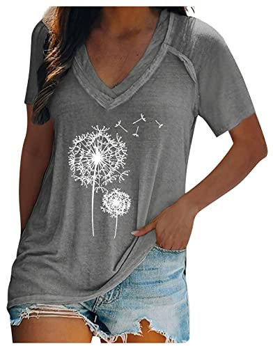 rückenfreies Oberteil Crop Tops Damen sexy Löwenzahn Bedrucktes Tiefer V-Ausschnitt Kurze Ärmel Oberteile T-Shirt Basic Baumwolle Tee Shirt Festliche top(Grau, L)