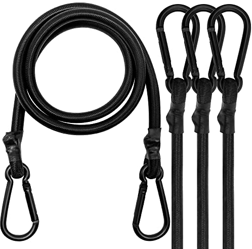Juego de 4 gomas tensoras con mosquetón, 150 cm, tensor de equipaje negro, 100% látex para toldos, lonas, jardín, bicicleta, coche, carga