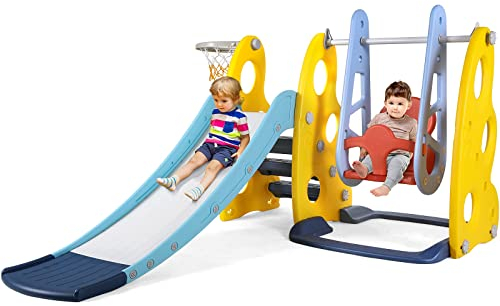 4 in 1 Kinder Spielplatz, Kinderrutsche mit Schaukel, Kinderspielplatz Schaukel und Rutsche, Multifunktionales Kinder-Schaukel-Set, mit 150 cm Rutsche, Kinderrutsche Indoor, Rutsche Outdoor