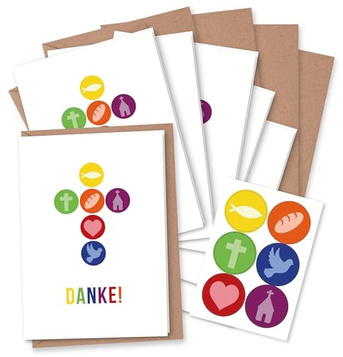 Papierdrachen 6 Dankeskarten für christliche Feste wie Taufe, Kommunion, Konfirmation, Firmung - Motiv Kreuz - Klappkarten mit Umschlag und passenden Stickern- DIN A6 - Set 8