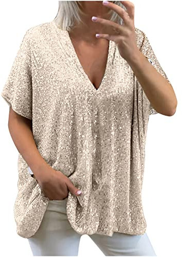 GMGM 2023 T Shirt Femmes Manches Courtes Col V Brillant Métallisé Glitter Grandes tailles Casual Basique Paillettes Haut Décontracté Brillante Sequins Étincelle Ample Oversize Tops Fête club