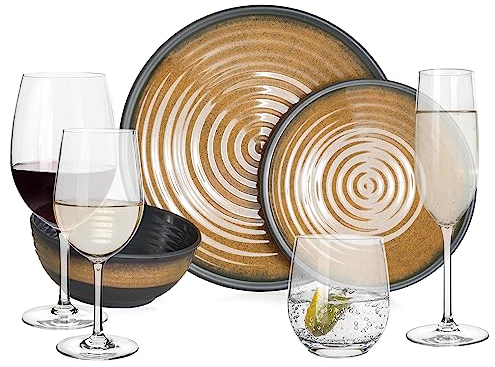 Melamin Camping Geschirr Set 4 Personen Stone Curry + 16 Timo Gläser Wassergläser Weingläser Champagner-Gläser Flûtes Tafelgeschirr Picknick BBQ Kochgeschirr