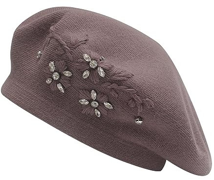 ZLYC Damen Wolle Baskenmütze Klassische Französischen Barett Warm Beret Mütze(Gestickte Blumenranke Violett)