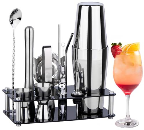 Wukuna Cocktail Shaker Set Bartender Kit : 15-Piece Bar Tool Set with Acrylic Stand Bar Set with All Practical Bar Accessories, for Drink Mixing, Bar, Home, Lounge & Party, Silver