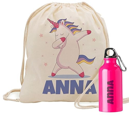 Mochila tela con cuerdas infantil y botella. Personalizada con nombre. Mochila tela guarderia Unicornio. (Unicorn)