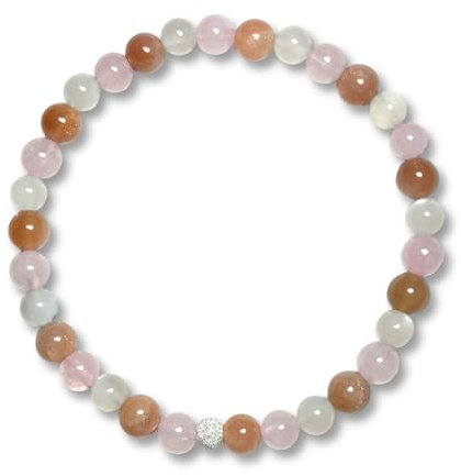 Majas Perlen Armband Herzenswärme Mondstein Sonnenstein Rosenquarz echt 6mm mit 925er Sterling Silber 5mm facettiert - Größe 16 bis 18cm - Handmade Perlenarmband - Spiritueller Schmuck Unisex