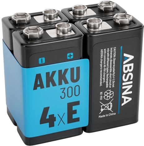 ABSINA 4x 9V battery rechargeable type 300 with Low Self-Discharge - Rechargeable 9V batteries NiMH with at least 270mAh & 8.4V - 9V rechargeable batteries - Rechargeable battery 9V - 9V akku