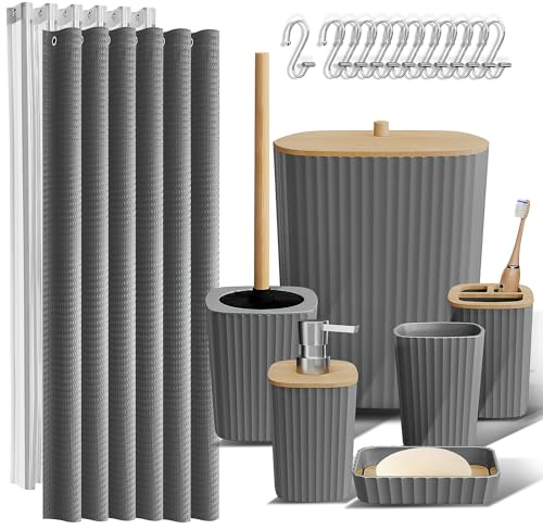 Clara Clark - Ensemble d'accessoires de Salle de Bain Gris - Ensemble de Rideau de Douche, Brosse WC, Poubelle et Distributeur de Savon - Bambou, Matte, Contemporary, Gris